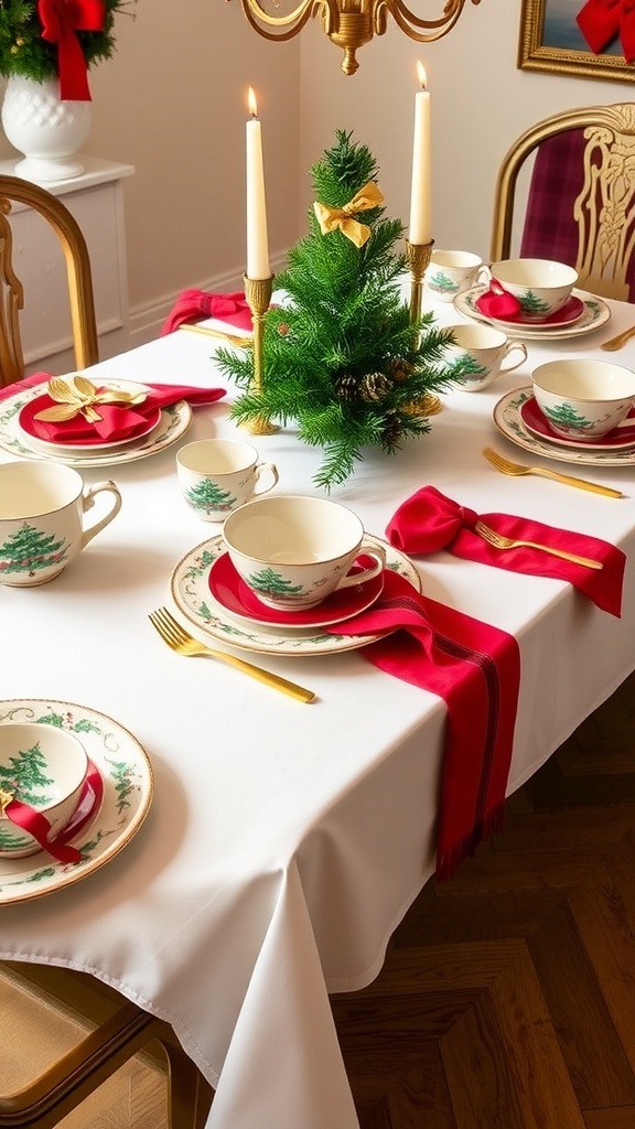 Spode Christmas Tree Table Setting Ideas A festive holiday table setting with Spode Christmas Tree dinnerware, gold flatware, and seasonal decorations.